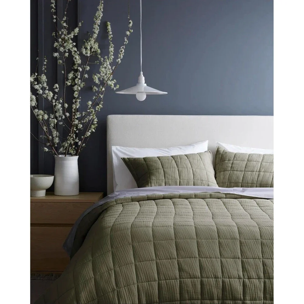 Quince Organic Cotton Gauze Box Quilt Sham Set King Olive Set of 2 $54.90  New